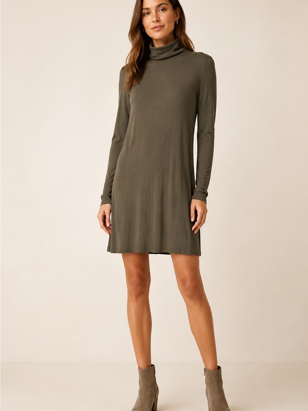 GAP Olive Green Ribbed Turtleneck Long-Sleeve Swing Dress - Size S